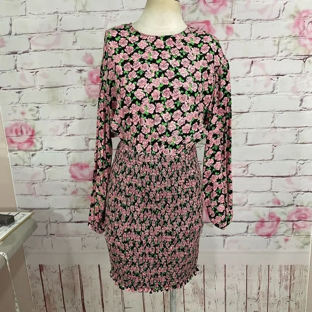 Zara Pink and Black Floral Long Sleeve Dress